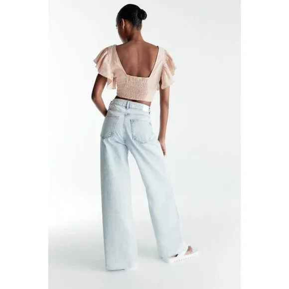 ☀️Zara nude linen plunge neckline crop top w/ floral mesh-like embroidery, M - Picture 5 of 11